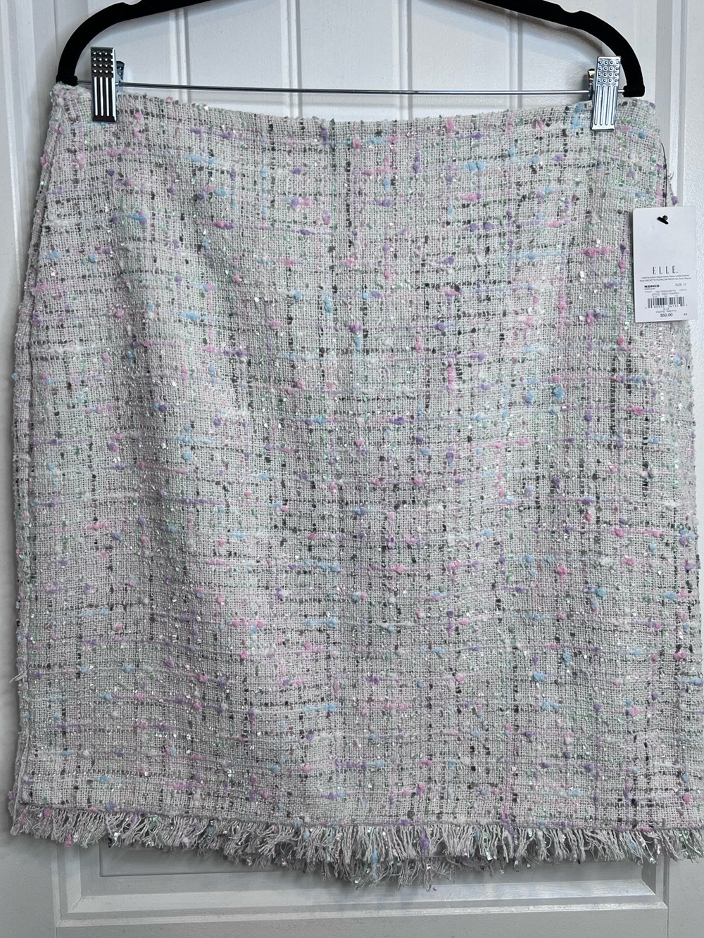 ELLE Cream Tweed Pencil Skirt with Pastel Speckle and Fringe Hem. Size‎ 12. NWT.